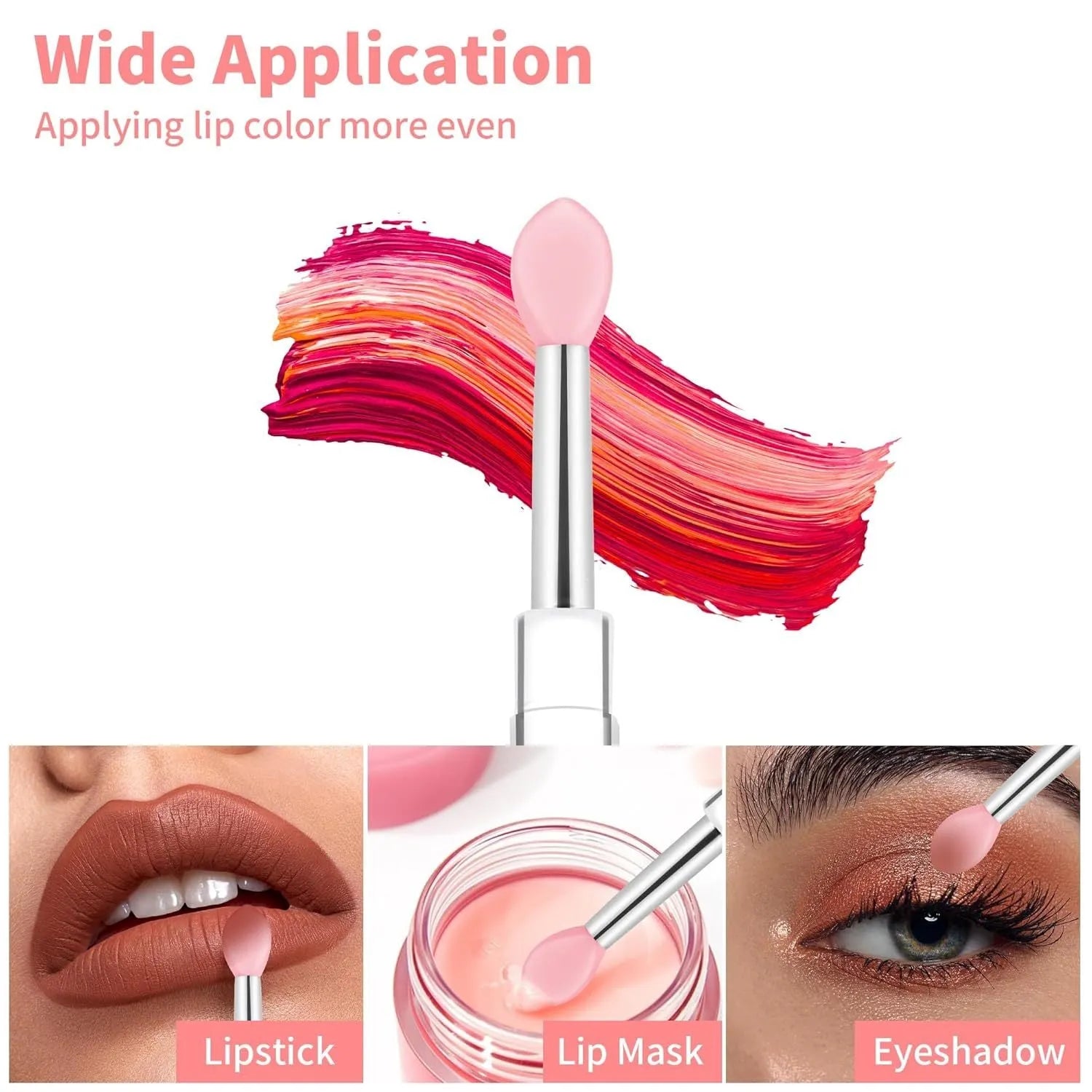 Set of coloured silicone lip brushes with protective caps for applying lipstick and lip gloss.