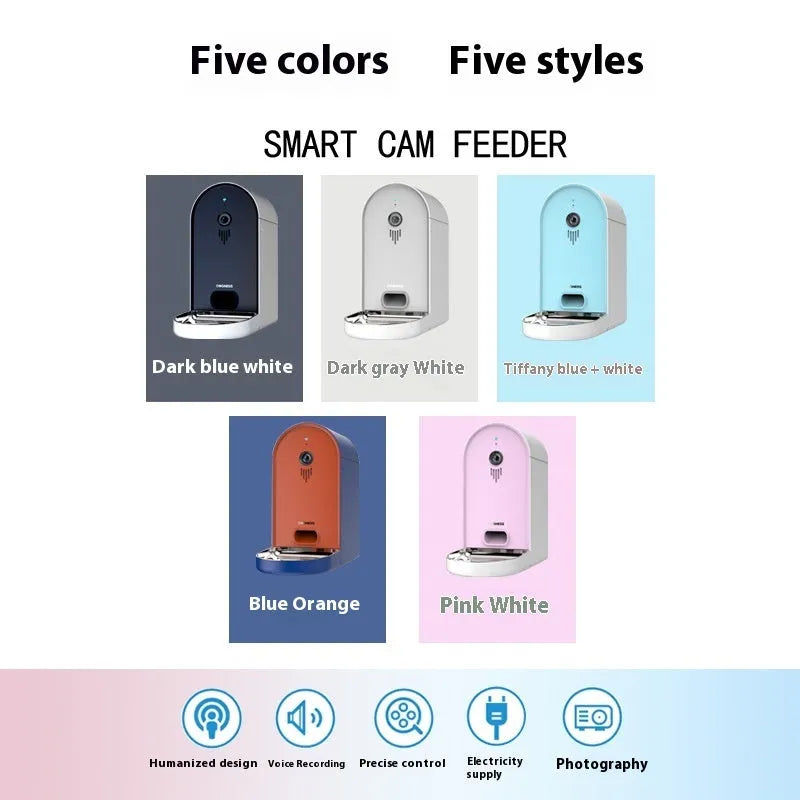 Smart pet feeder with automatic feeding and remote monitoring in various colour options