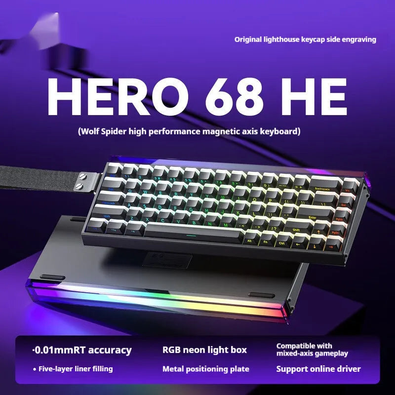 Magnetic axis RGB mechanical keyboard showing side engraving detail and multi-colour backlighting.