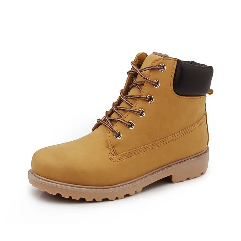 Pink men's high-top Martin boots with velvet lining and flat 1-3cm heel on round toe