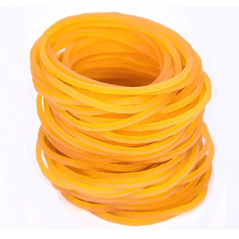 500g pack of assorted size yellow rubber bands on a white background.