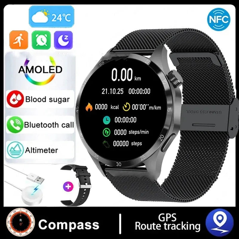 Black smartwatch with Bluetooth calling and health monitoring functions on a silicone strap.