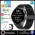 Black smartwatch with Bluetooth calling and health monitoring functions on a silicone strap.