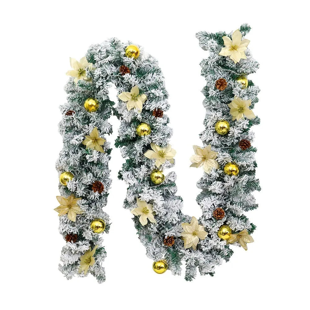 240cm artificial rattan Christmas garland with flocking decoration in golden colour