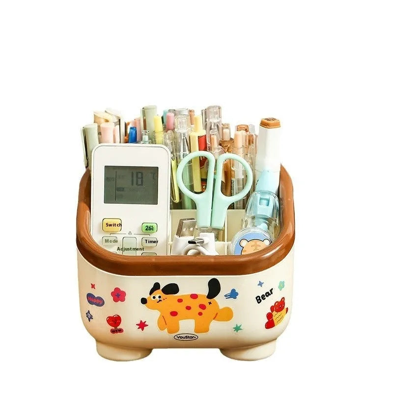 Red and brown cartoon-style desktop storage organiser with grid pattern and sticker set for labelling.