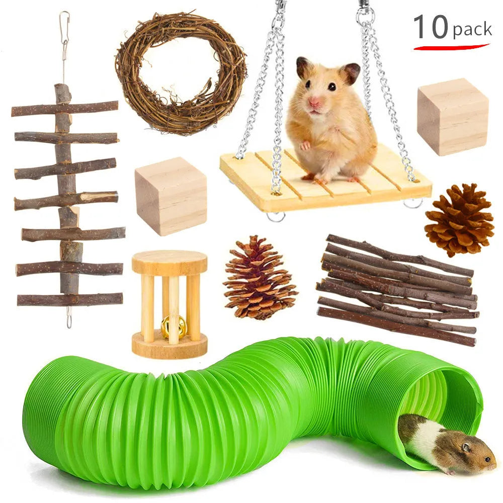 Wooden chew toy sets for rabbits, guinea pigs and parrots with various natural components