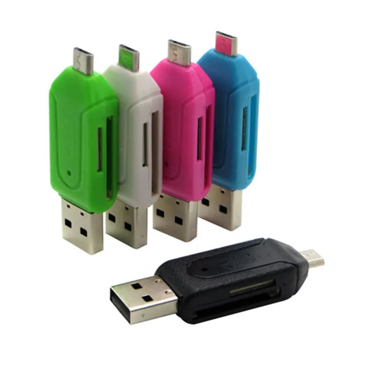 USB 2.0 OTG card reader for SD and TF memory cards in white, pink, green, blue, and black colours