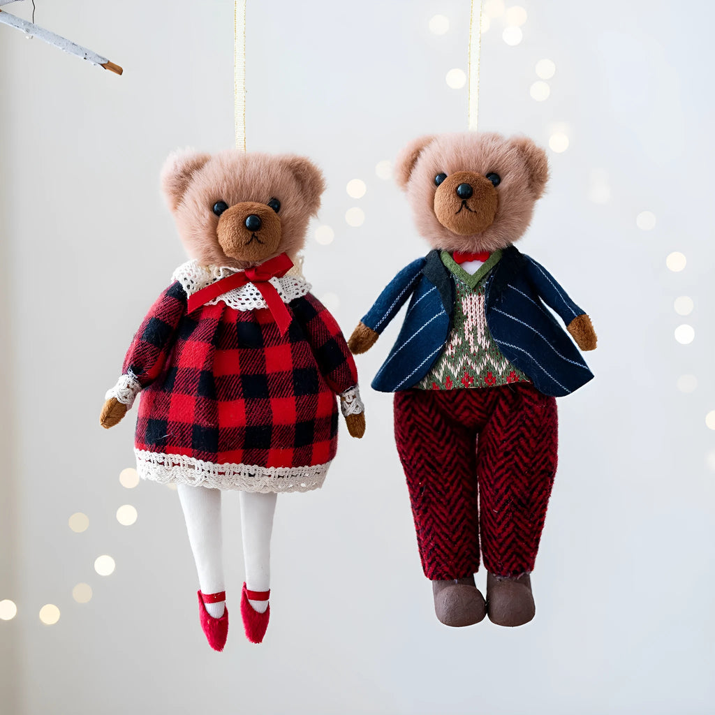Couple plush bear dolls in cotton plaid suits showing gentleman and princess bear characters