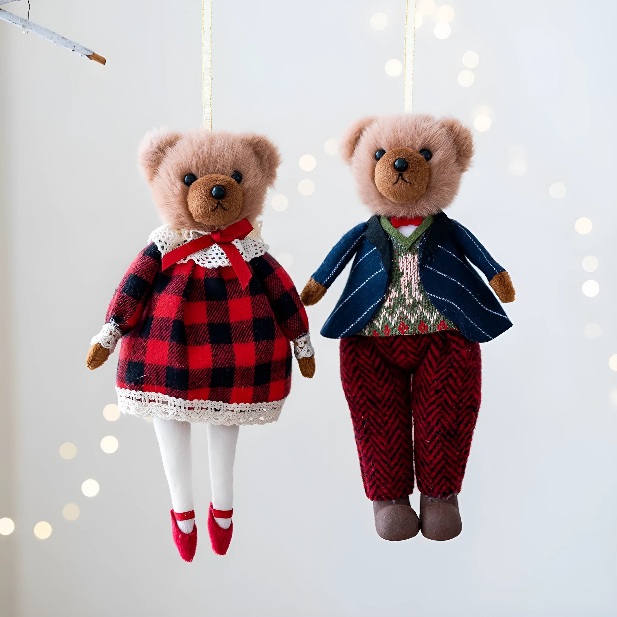 Couple plush bear dolls in cotton plaid suits showing gentleman and princess bear characters