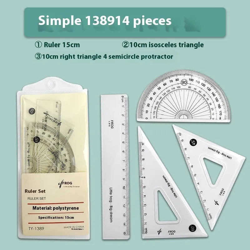 Transparent acrylic ruler set with square and protractor tools for drawing and geometry measurement