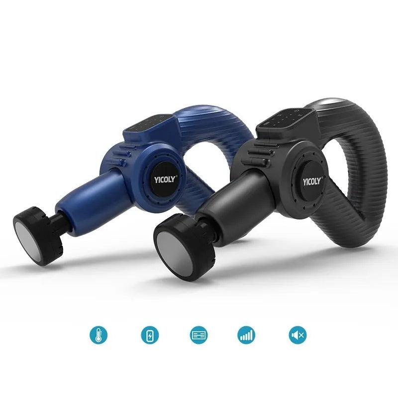Smart muscle massage gun with adjustable angle head, 5 massage heads, and storage bag for hot and ice compress therapy