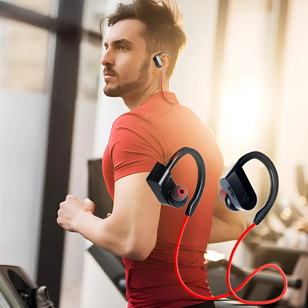 Wireless neckband Bluetooth earphones in black, blue or red colours showing neckband design and earbuds