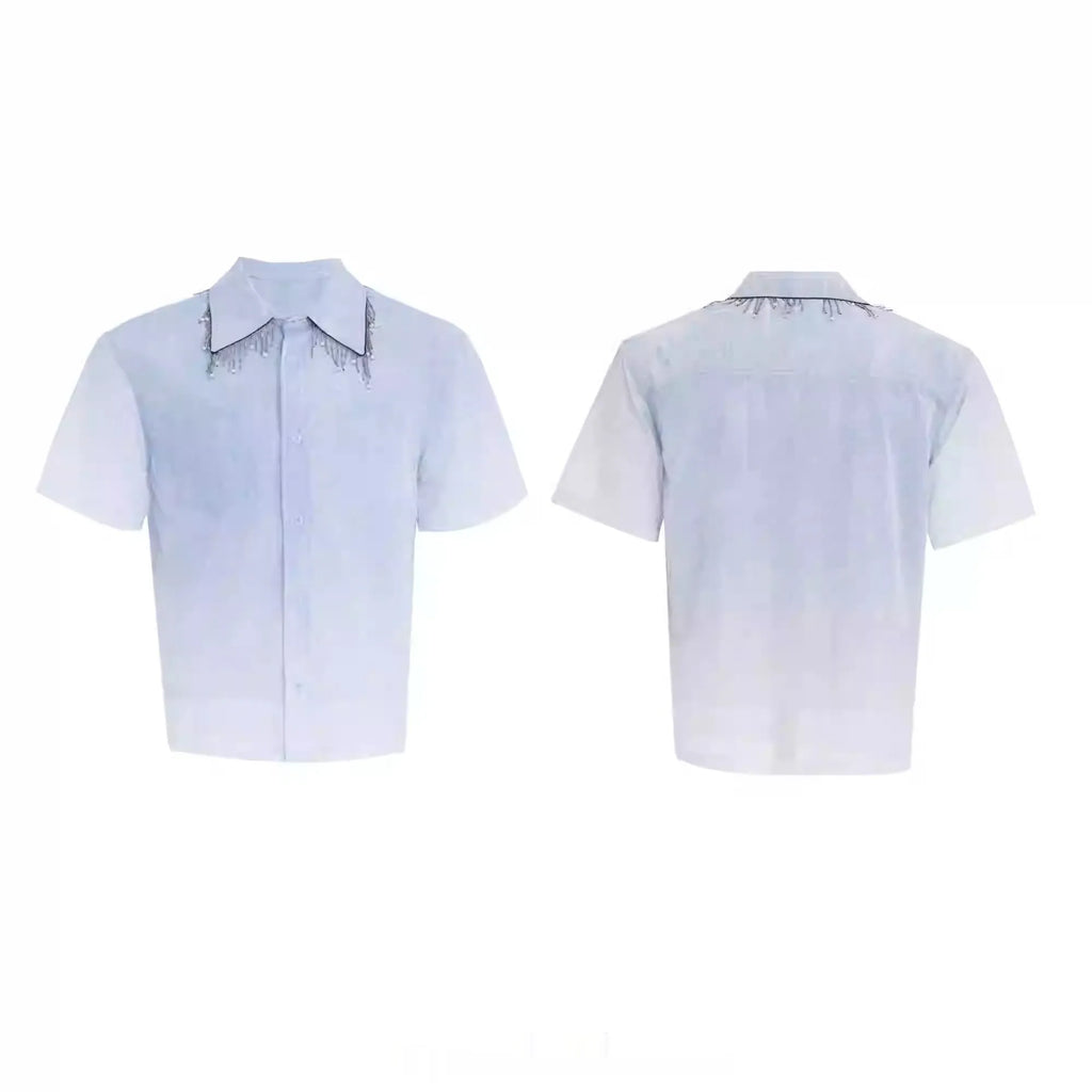 Blue and white gradient loose fit men's short sleeve casual polyester shirt