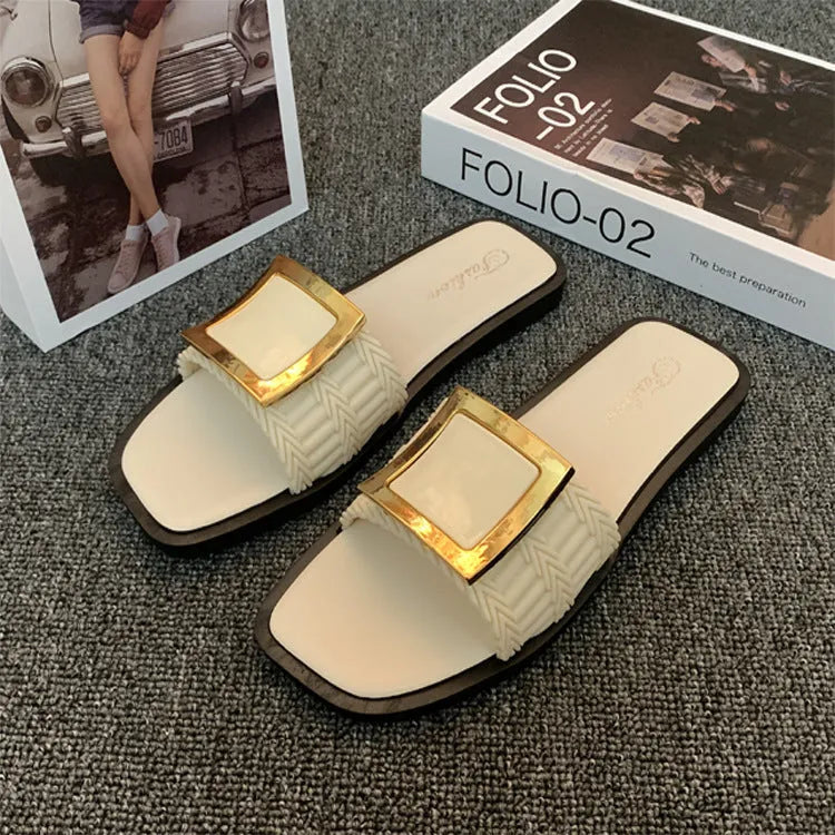 Women's casual summer flat slippers in apricot, black, or khaki with waterproof PVC soles
