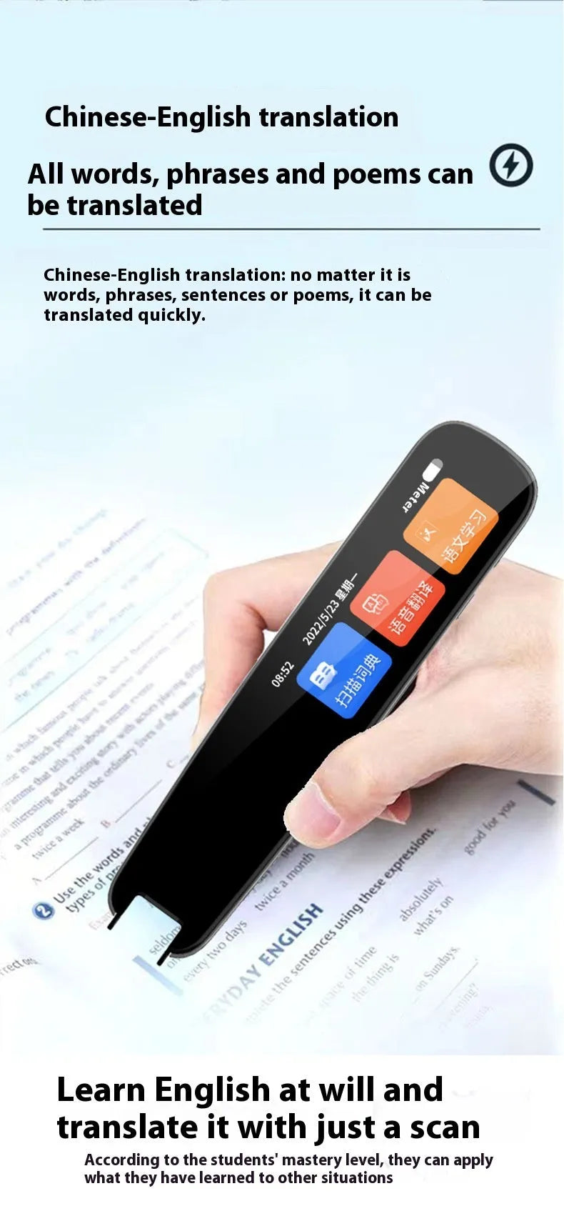 Dark grey talking pen for scanning English text with offline translation functionality
