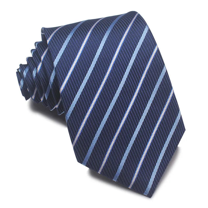 Men's red and black striped polyester jacquard tie with an arrow shape laid flat