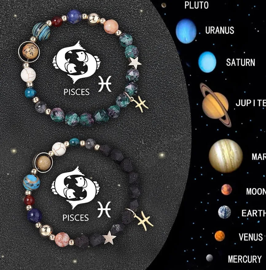 Complete set of twelve zodiac sign bracelets with natural stone beads and adjustable closures