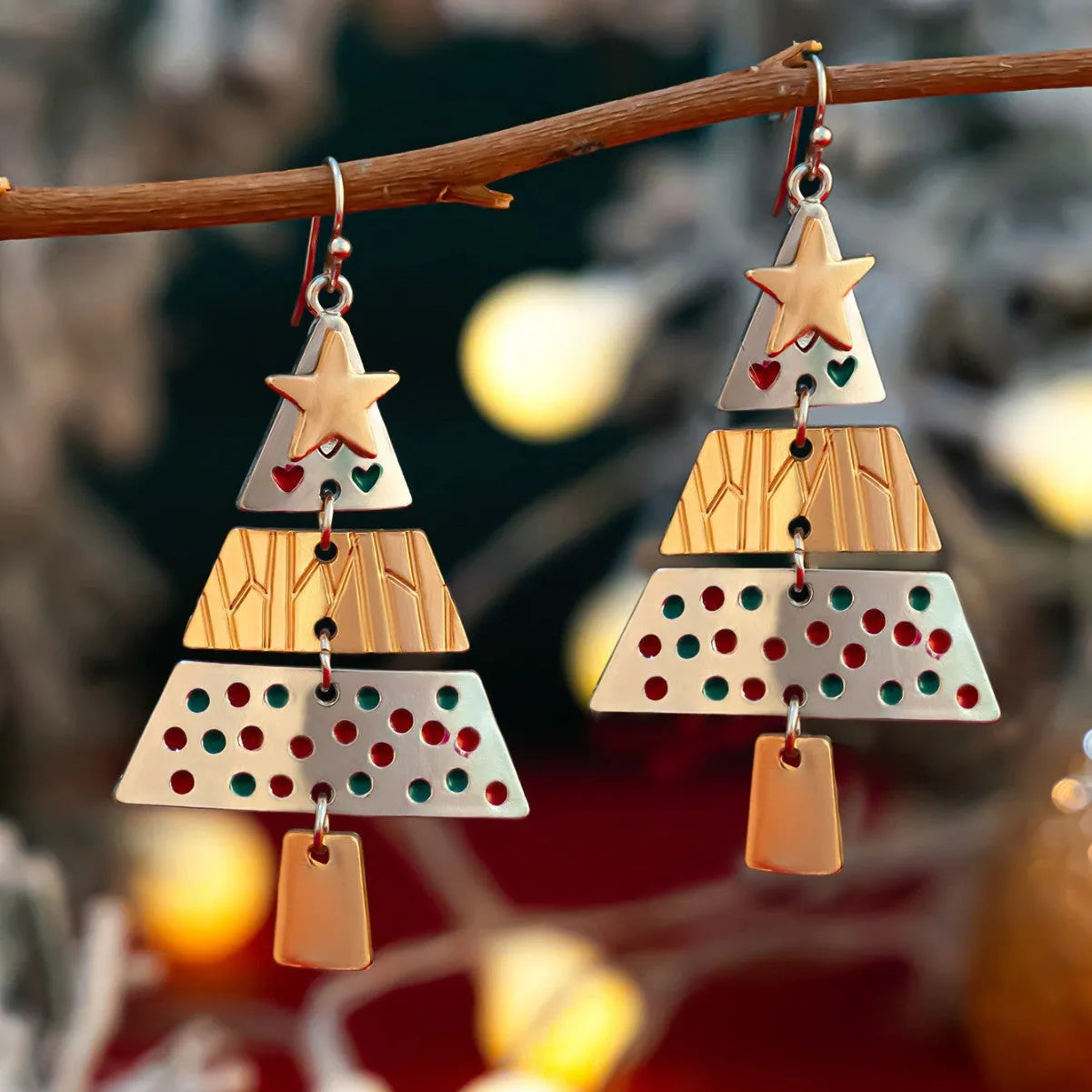 Christmas tree necklace and earrings set with mixed colour alloy drip oil finish on leather wax line cord for women
