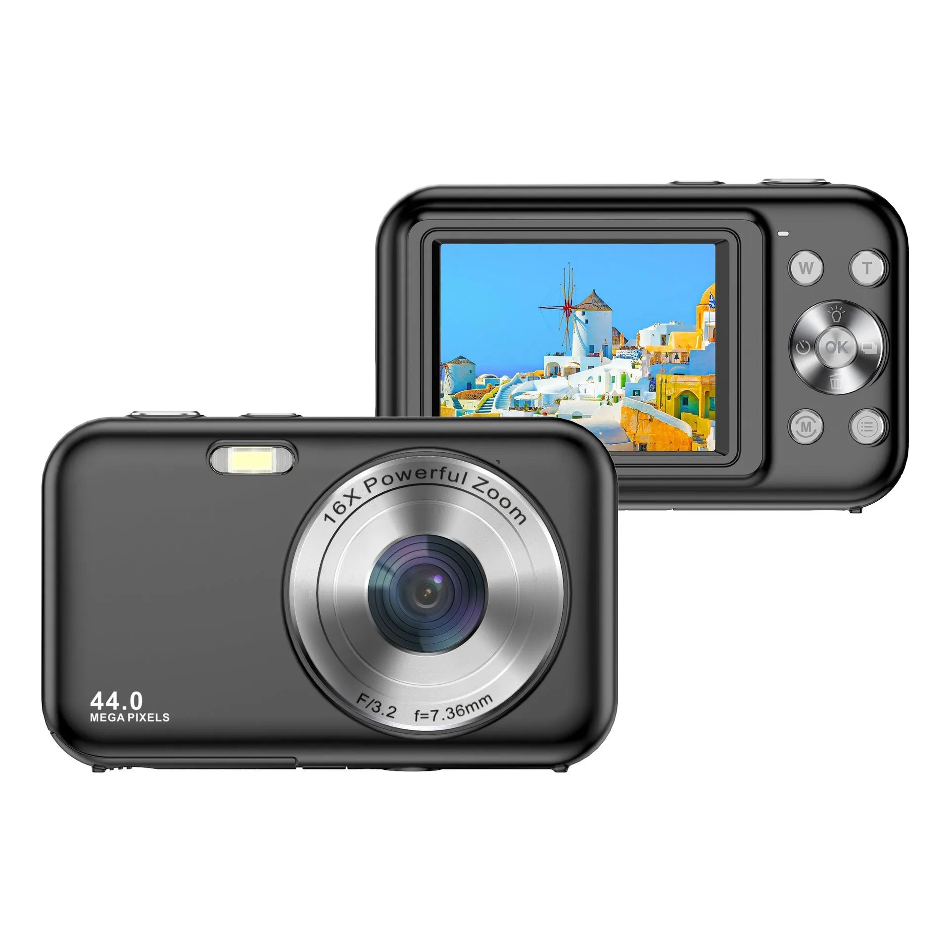 Children's digital camera in black, green, pink, or purple with 2.4-inch screen and lens