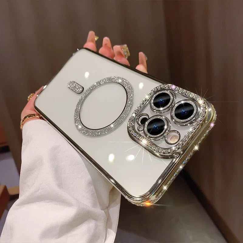 Wireless magnetic drop-resistant iPhone case in Deep Purple with electroplated accents on a soft silicone back.