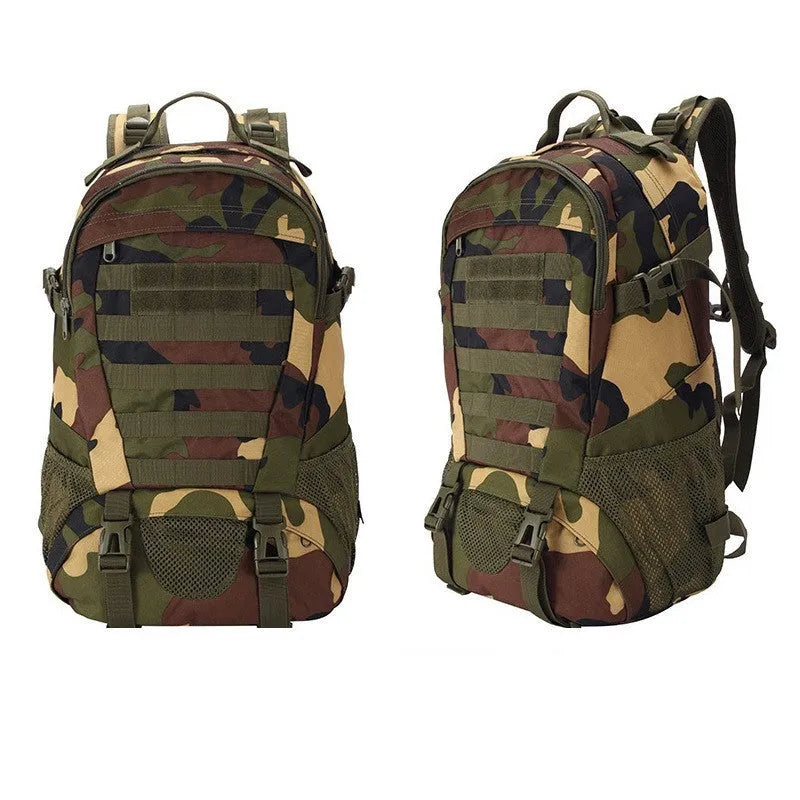 Outdoor mountaineering backpack in Oxford cloth with air pillow belt system shown in camouflage colour