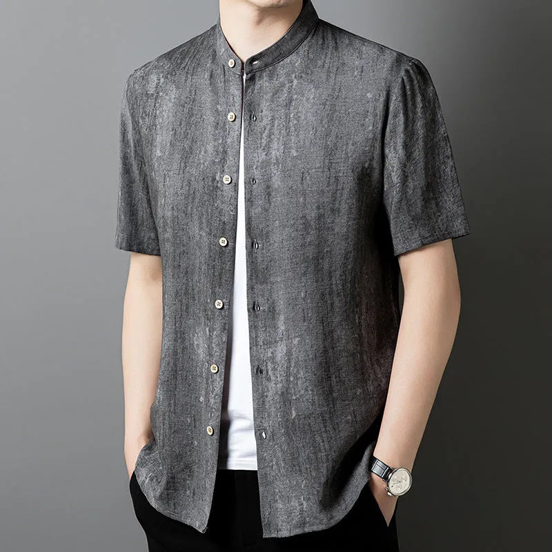 Men's linen-style loose cardigan shirt in solid colour with stand collar