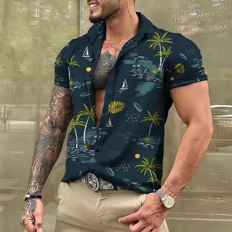 Man wearing a loose-fit floral print short sleeve cardigan shirt in a casual setting.