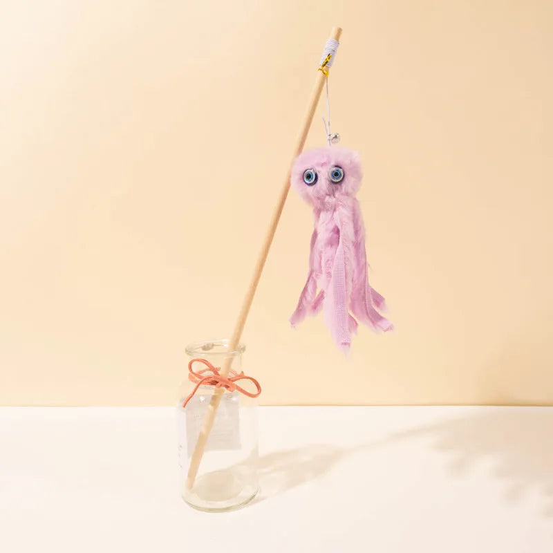 Colourful octopus cat toy on a long stick for indoor kittens and cats