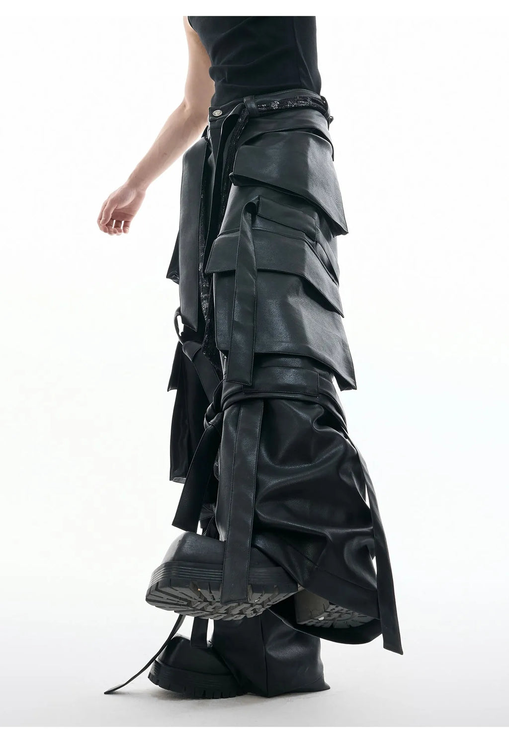 Black loose fit retro-style trousers with quilted stitching and multiple pockets