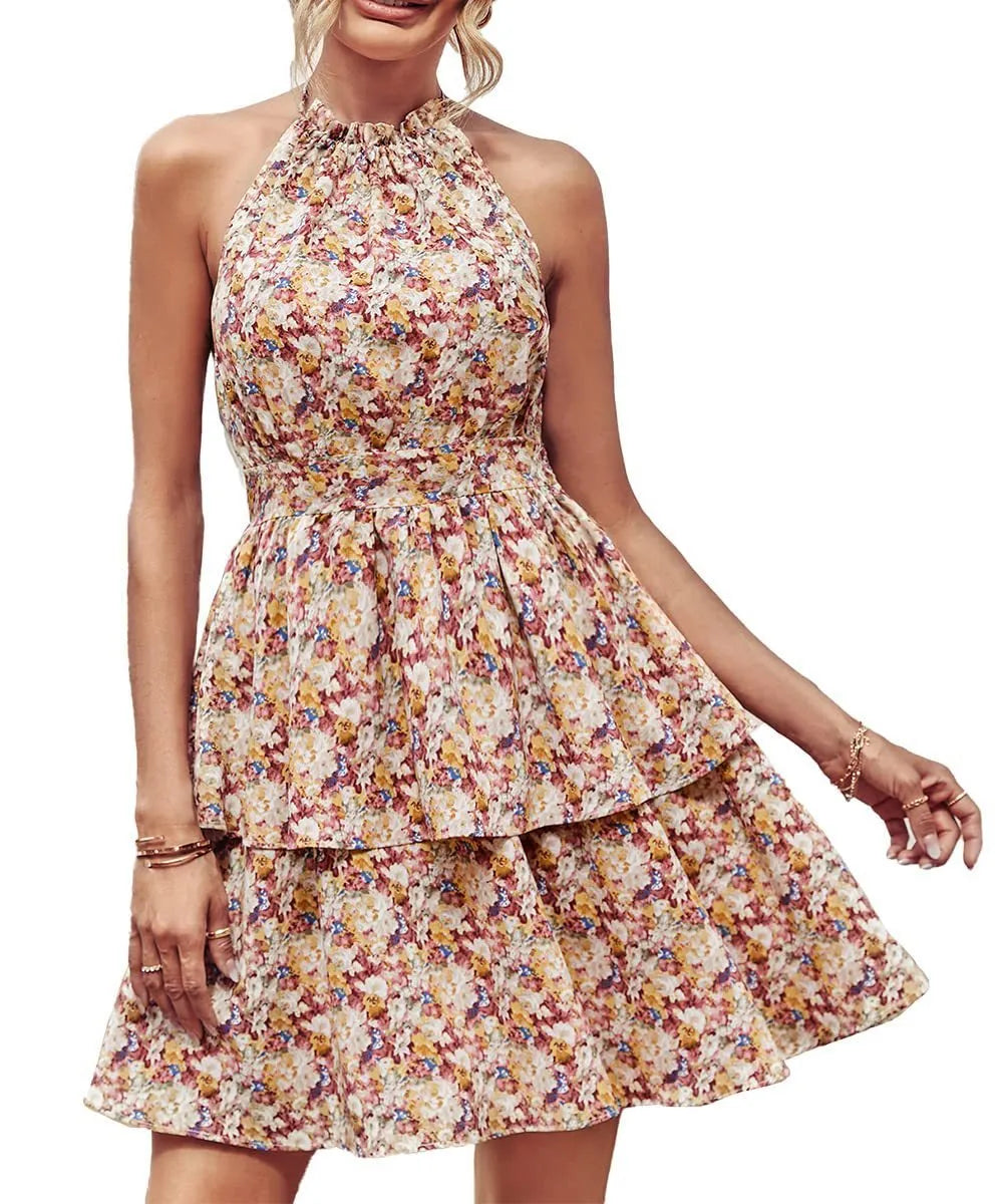 Women's backless halter dress with ruffled A-line skirt in a boho print