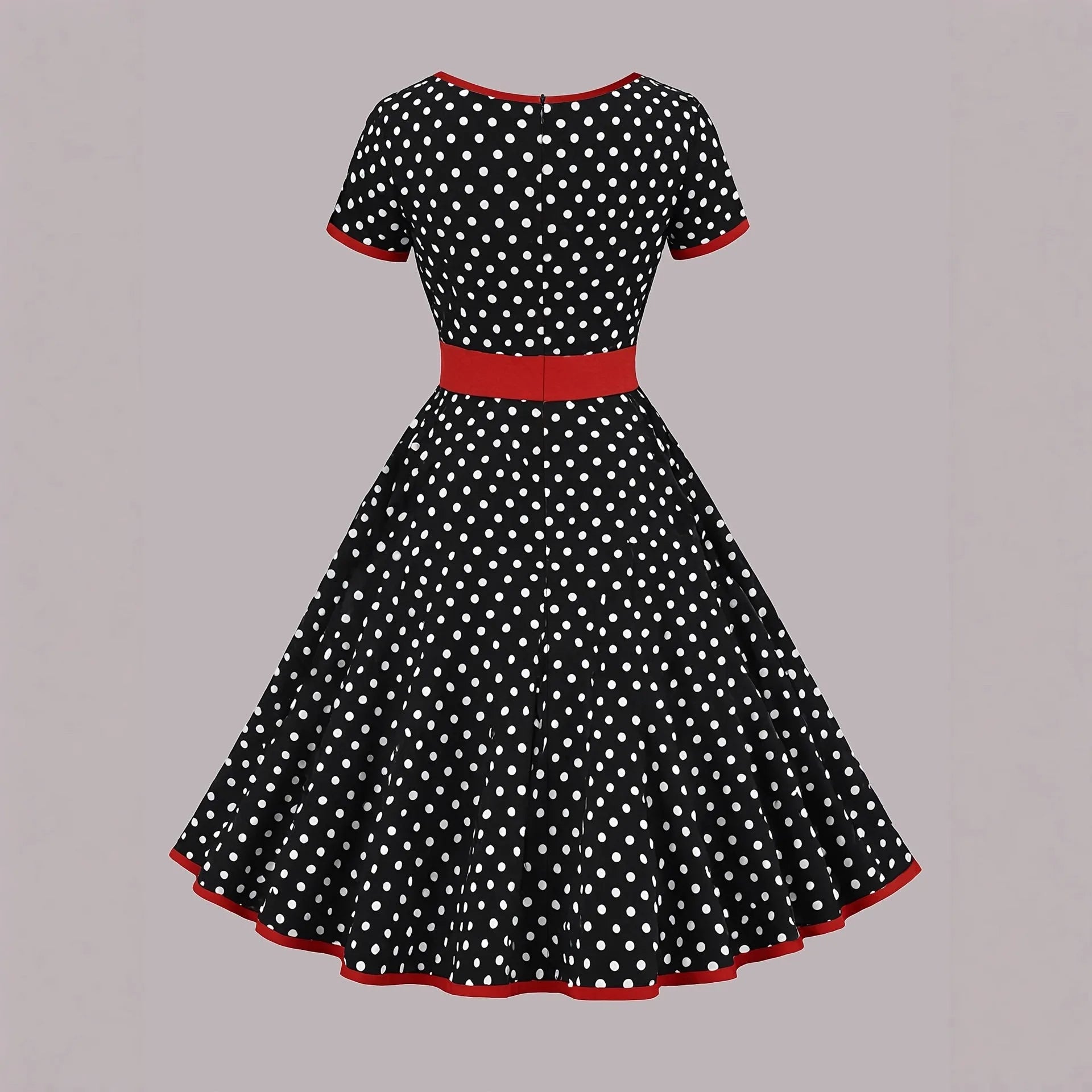 Multicolour polka dot dress with square collar, short sleeves, zip front, and pleated mid-length skirt.