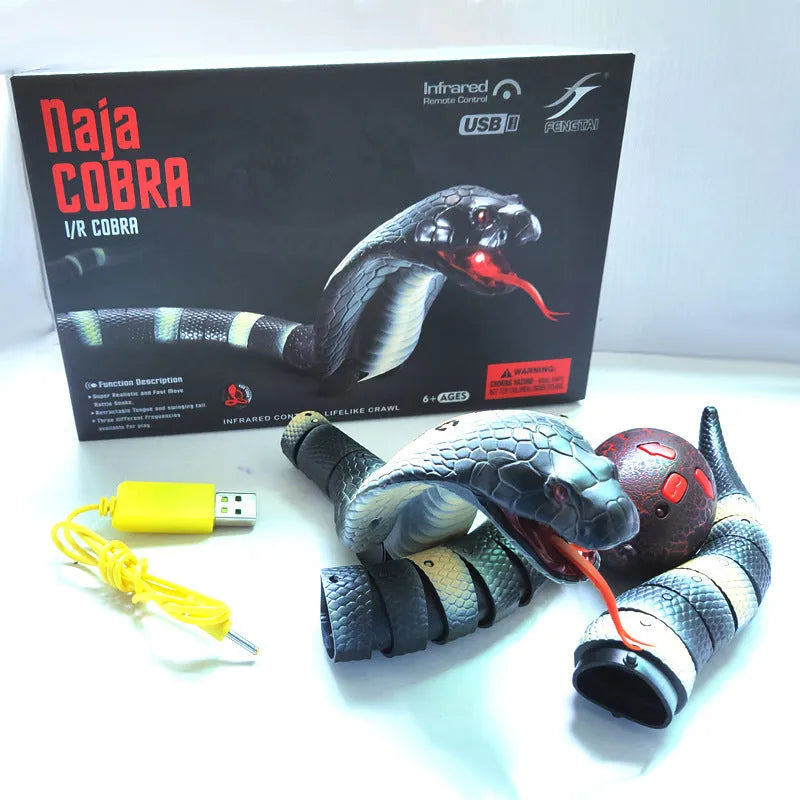 Smart sensing electronic snake cat toy with segmented plastic body and USB charging cable.