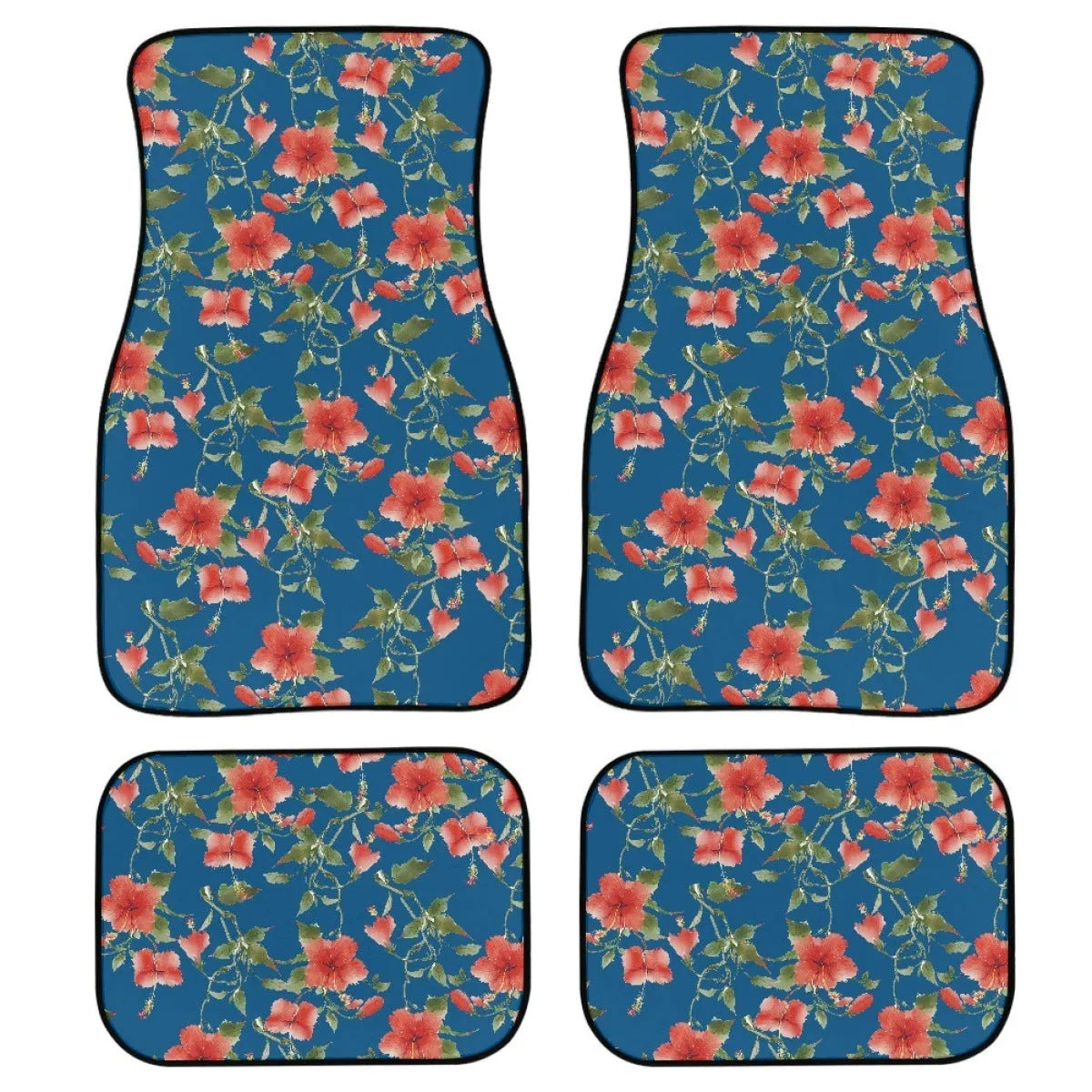 Black rubber car floor mats four-piece set showing textured surface and 20mm thickness.