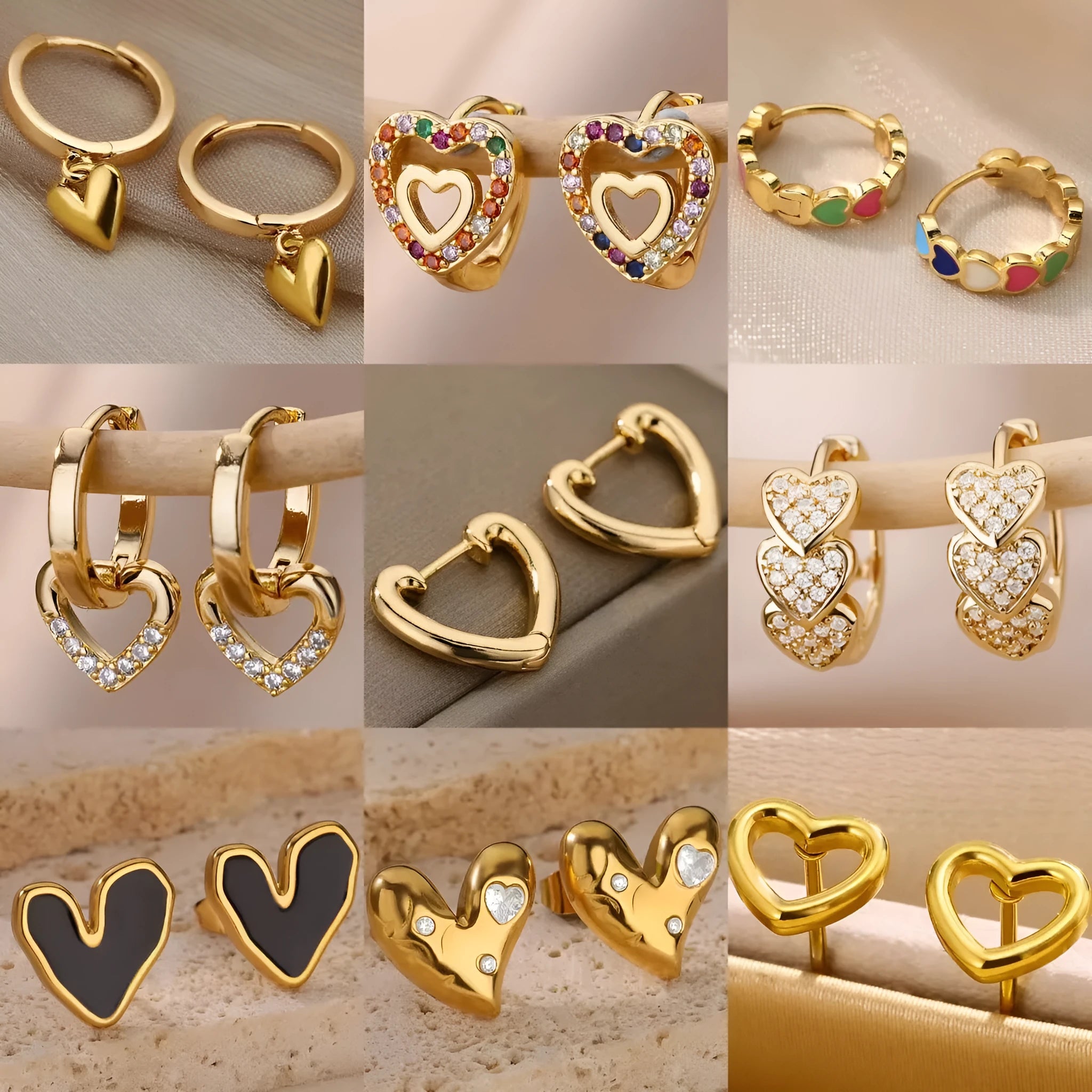 Heart shaped zircon stud earrings with 18K gold plating and stainless steel construction