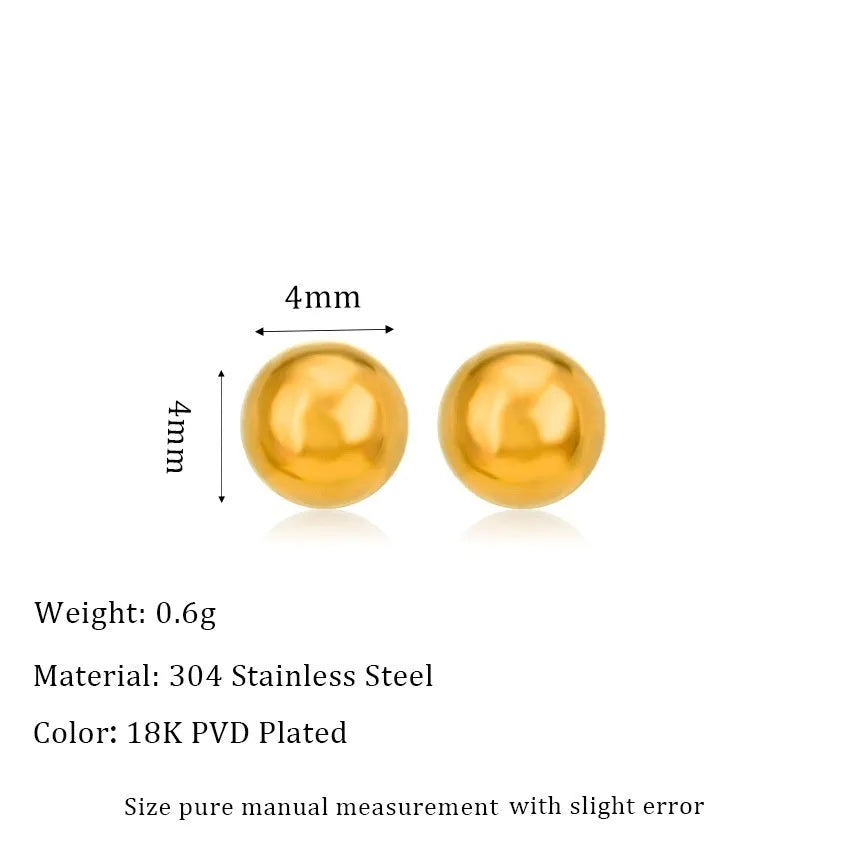 Minimalist stainless steel ball stud earrings in gold and silver tones, showing 3mm 4mm 5mm 6mm size difference.