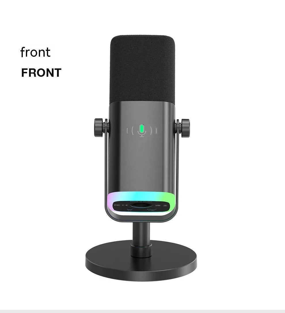 Dynamic noise reduction microphone in black, pink, or white with XLR cable and desktop base.