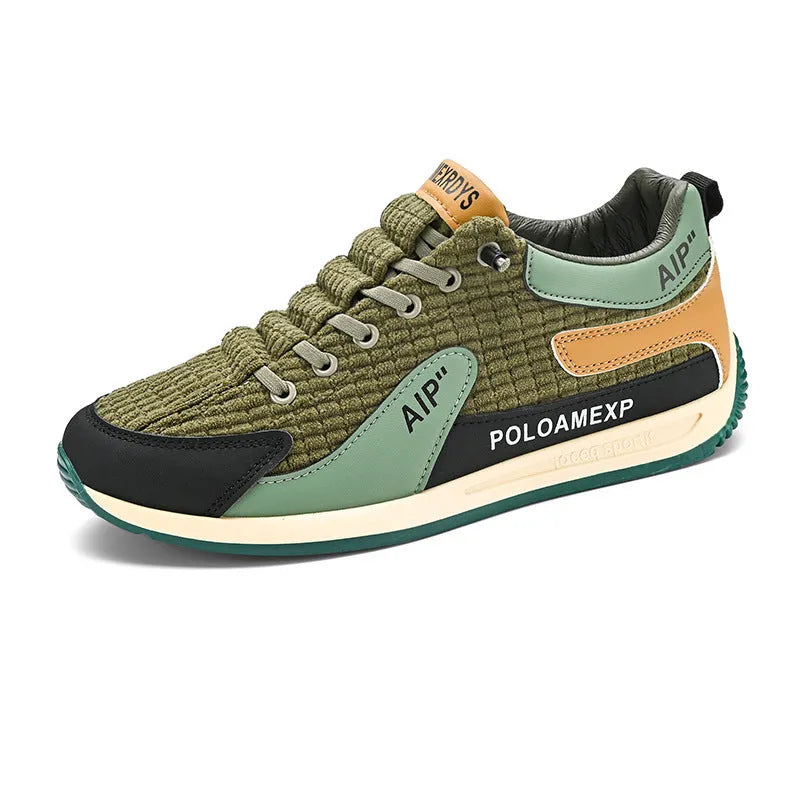 Men's green and grey lightweight mesh running shoes with lace-up front and round toe.