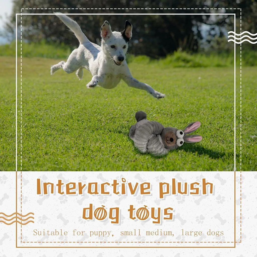 Plush squeaky dog toy with crinkle paper interior in brown, grey, and yellow colours