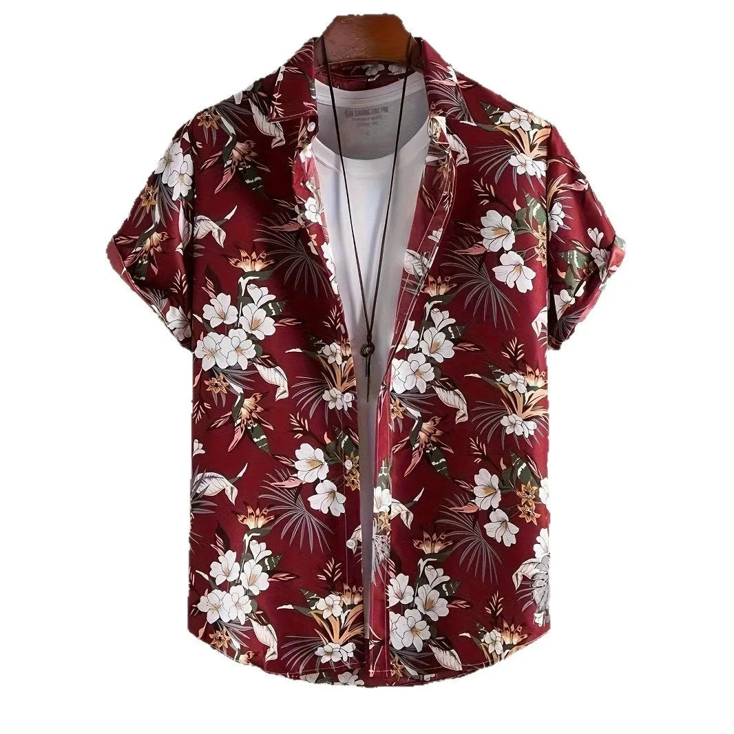 Men's flower pattern short sleeve cardigan shirt loose fit polyester summer top