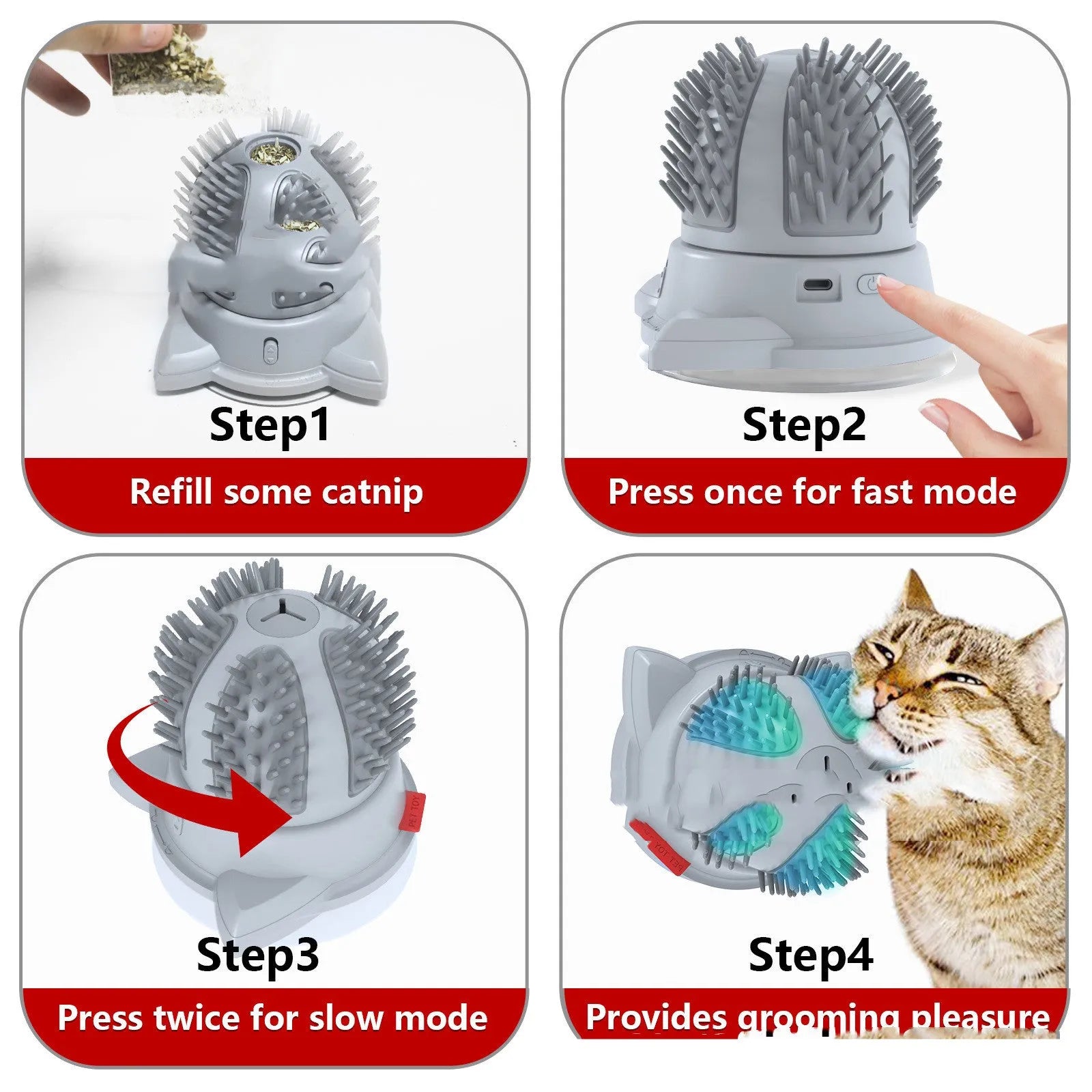 Electric Pets plastic cat brush toy with LED light and massage function on a surface