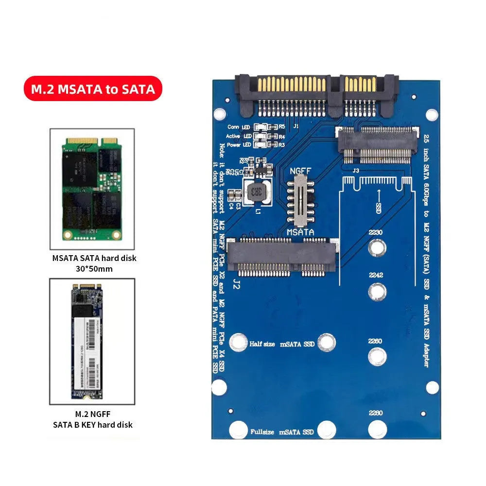 Black SATA3 to M.2 NGFF mSATA SSD adapter card showing connectors for modern solid-state drives