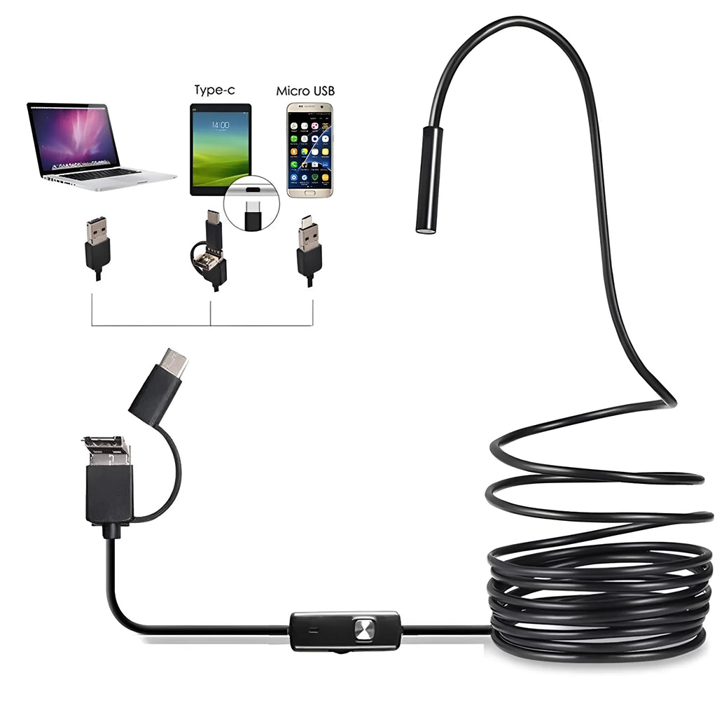 USB-C Android mobile phone endoscope with flexible cable, IP67 waterproof camera, and hook, magnet and mirror attachments.