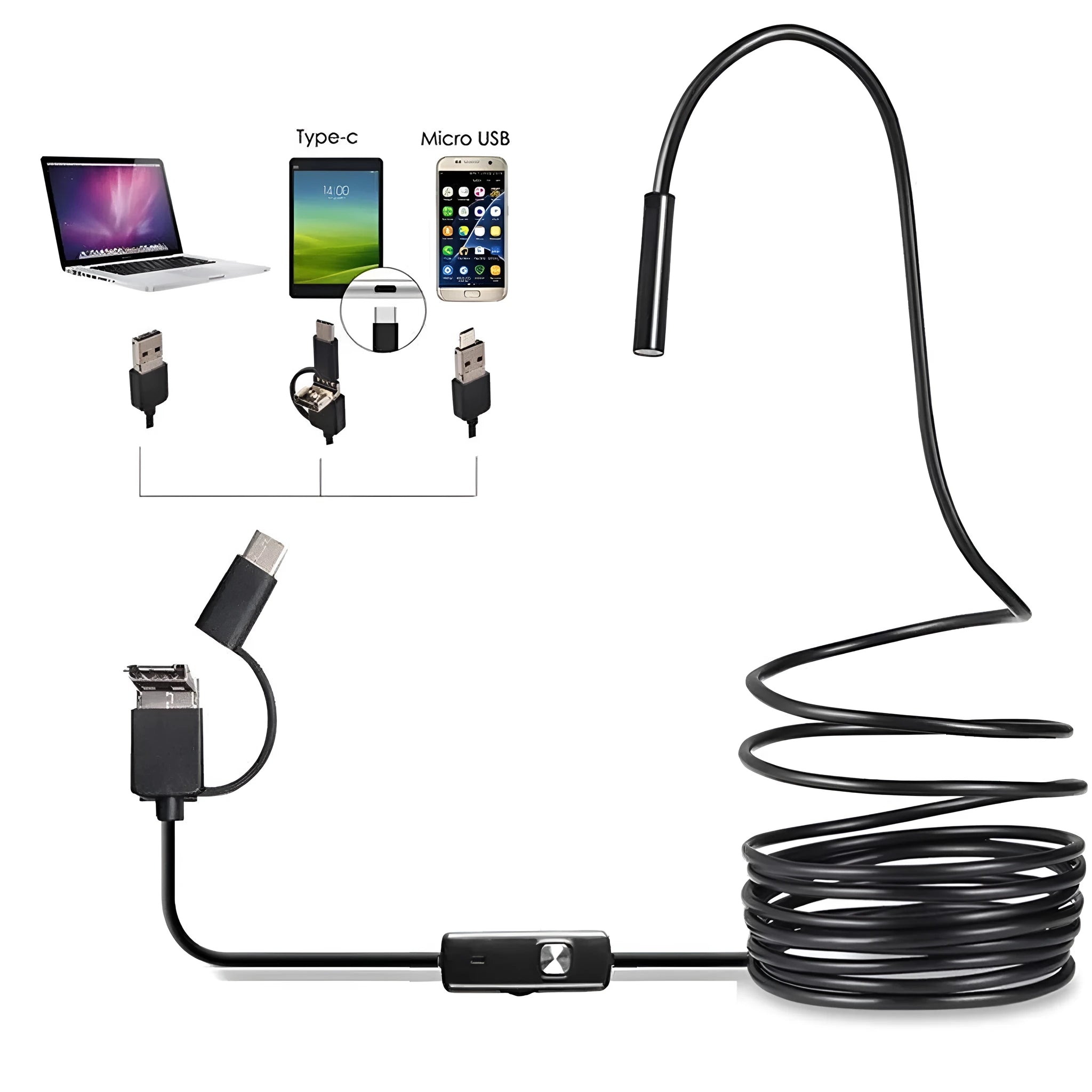 USB-C Android mobile phone endoscope with flexible cable, IP67 waterproof camera, and hook, magnet and mirror attachments.