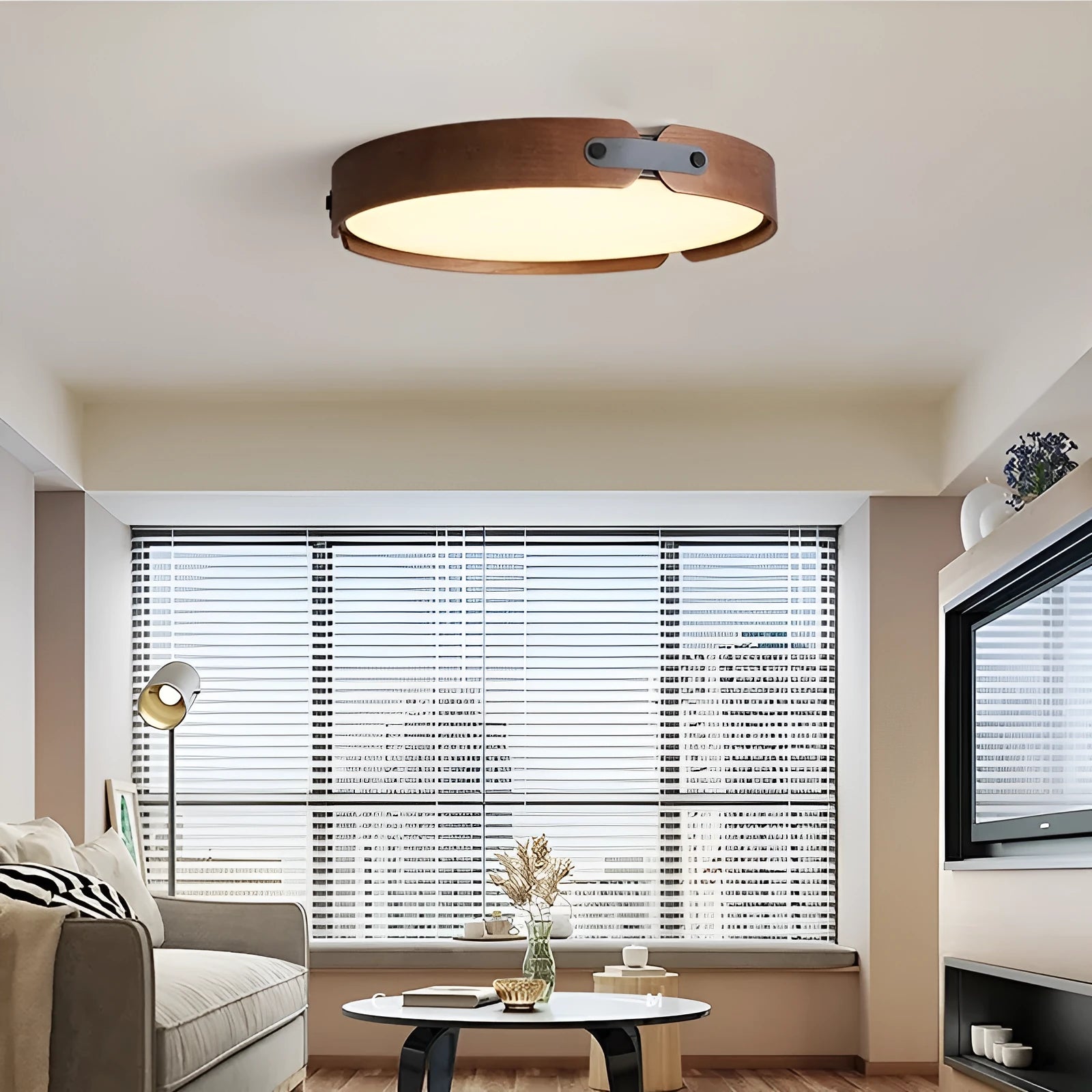 Japanese style walnut bedroom ceiling lamp with wooden shade and PMMA lampshade