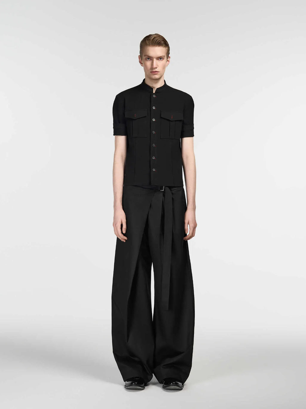 Black women's straight-leg trousers with single pleat front and adjustable waistband