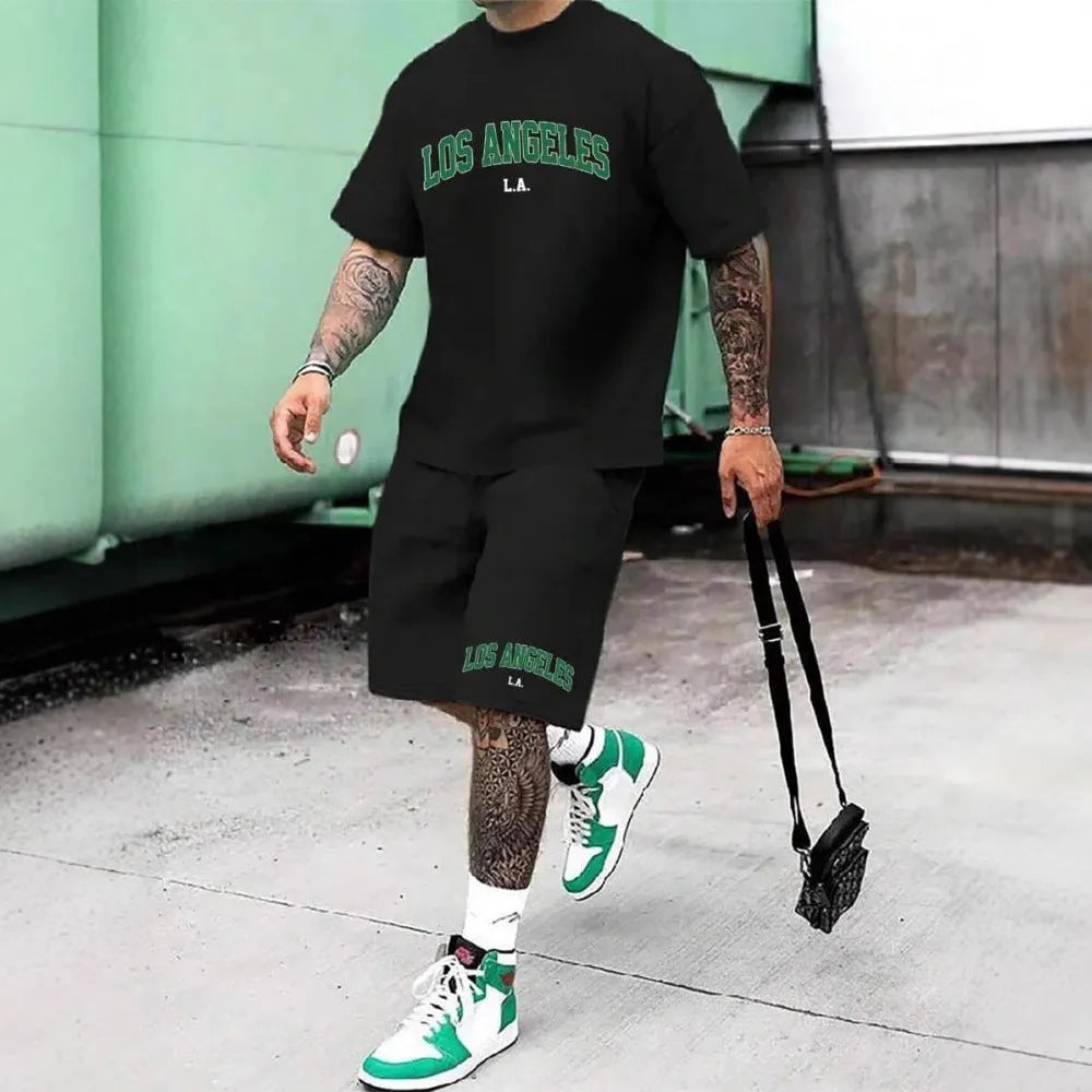 Men's 3D printed personality letter short sleeve top and shorts set in sports leisure style