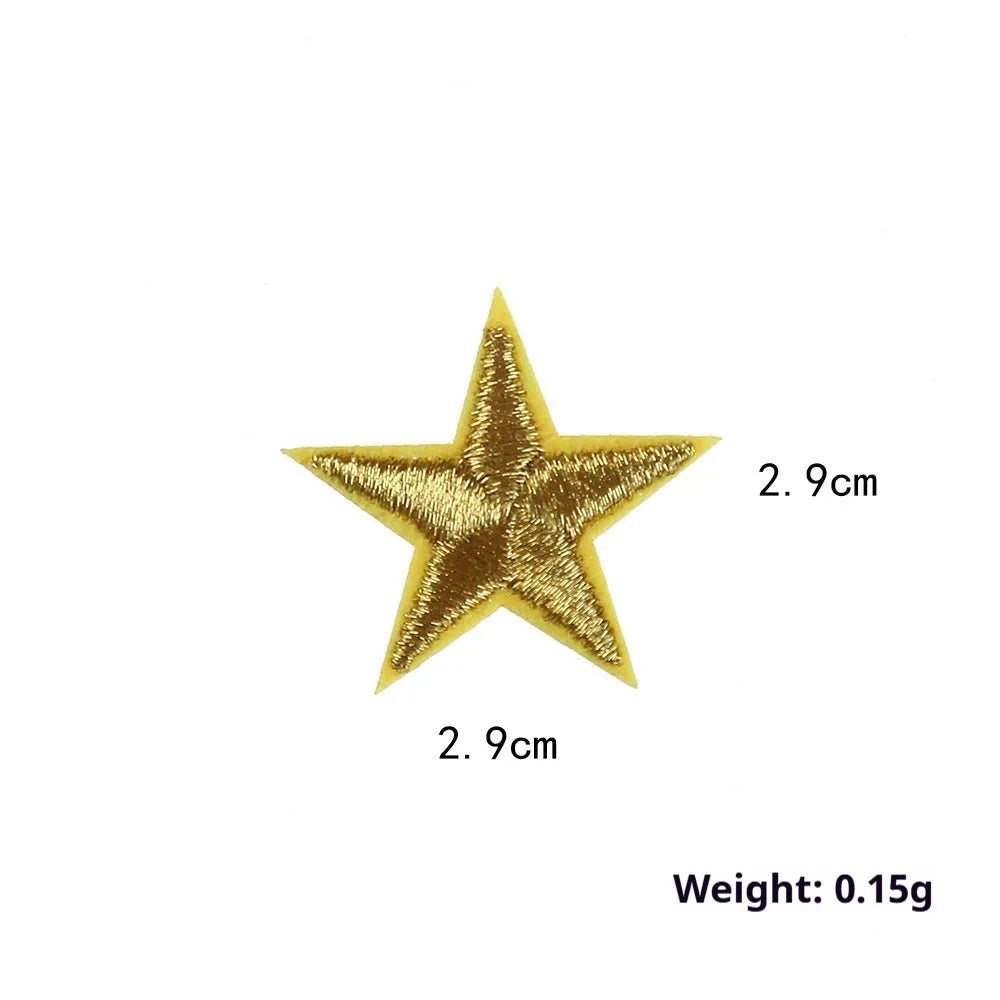 Colourful embroidered five-pointed star designs on cloth sticker labels for DIY clothing customisation.