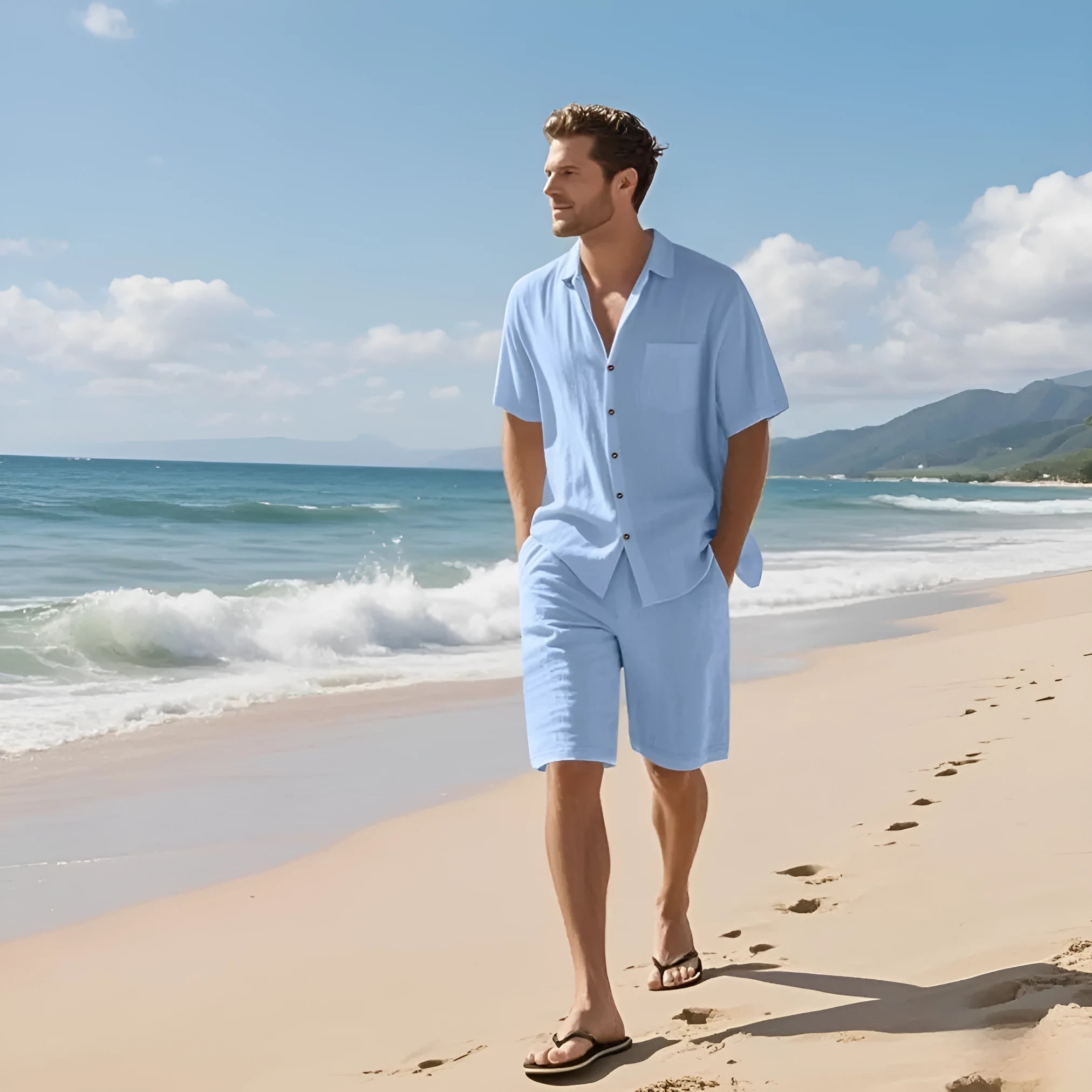 Man's light blue linen blend short-sleeve shirt and matching shorts casual beach set.