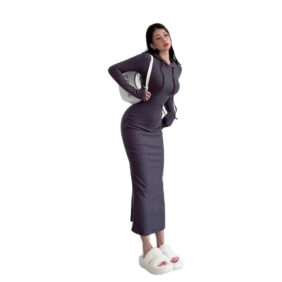 Women's grey hooded sheath dress with long sleeves and over-the-knee length in high-waist styling