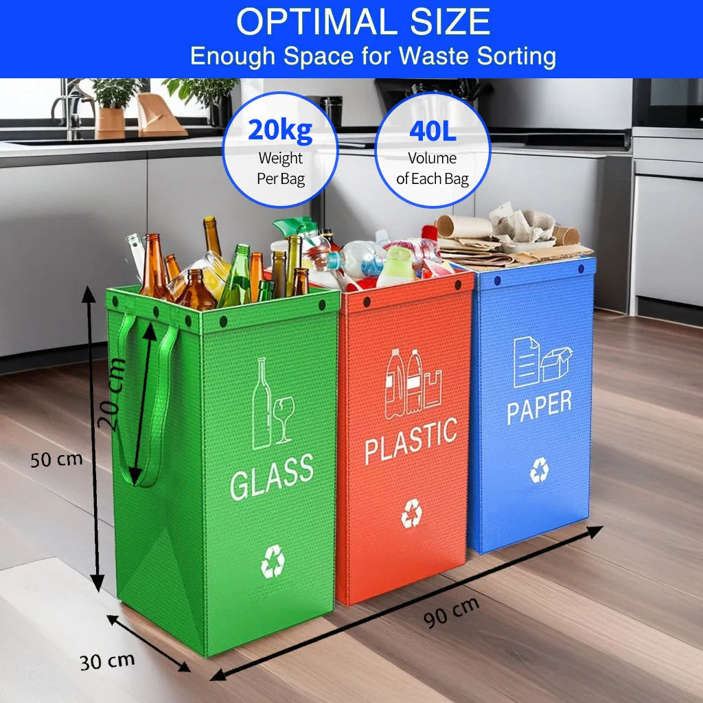 A blue 40-litre waterproof handbag-style rubbish bin made from PP plastic, shown beside furniture.